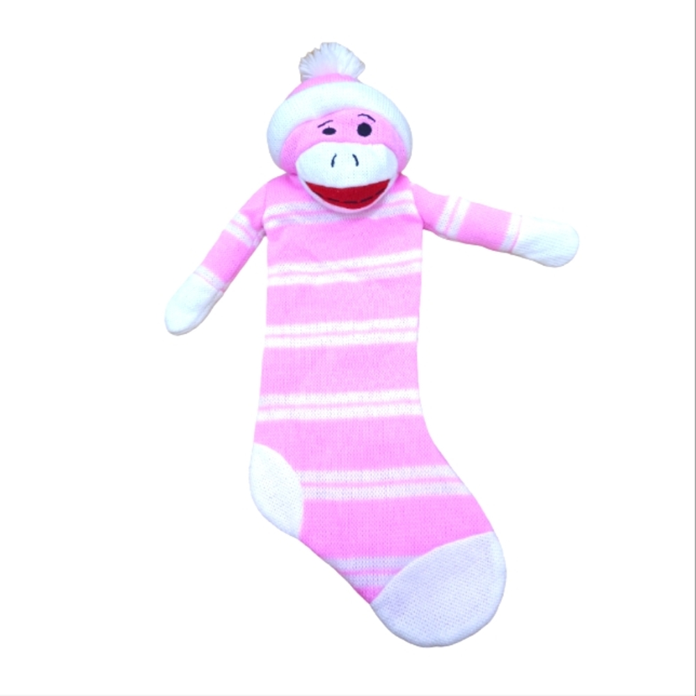 Dan Dee Sock Monkey pink candy cane stripes Plush Christmas Stocking 18”
